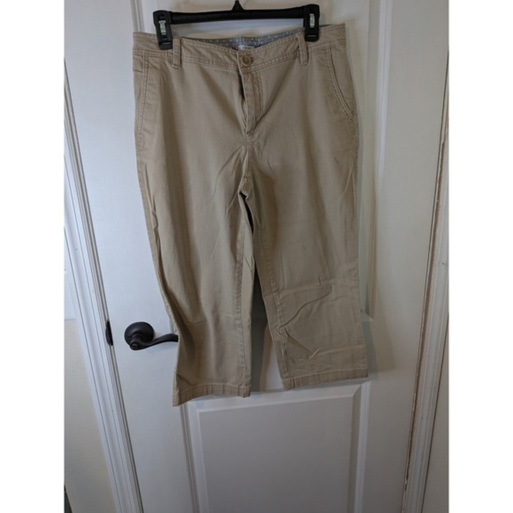 Liz Claiborne Womens Khaki‎ Stretch Capri Pants Tan Cropped Chinos Size 10 Long